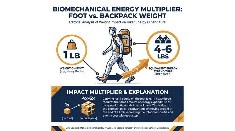 Biomechanical research shows that weight on the feet requires significantly more energy to carry than weight on the back.