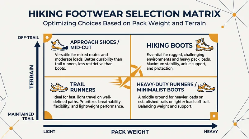 Choosing the right footwear depends entirely on the weight of your pack and the ruggedness of your route.