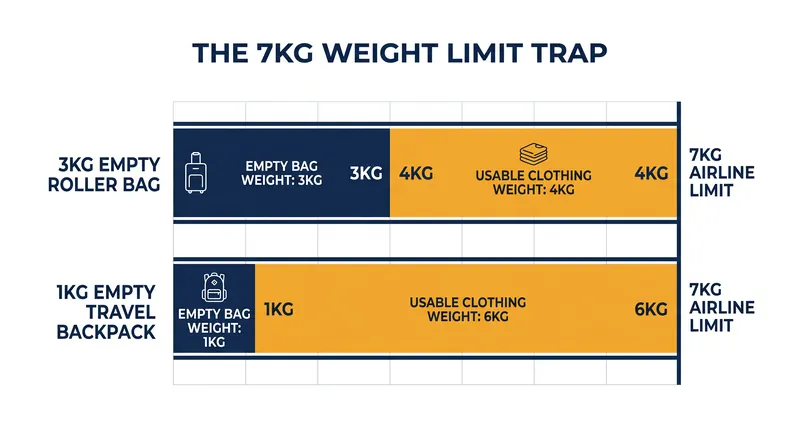 Heavy empty roller bags eat into strict international carry-on weight limits.