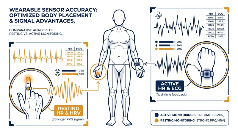 Sensor placement dictates accuracy: fingers provide cleaner resting data, while wrists accommodate advanced medical sensors.