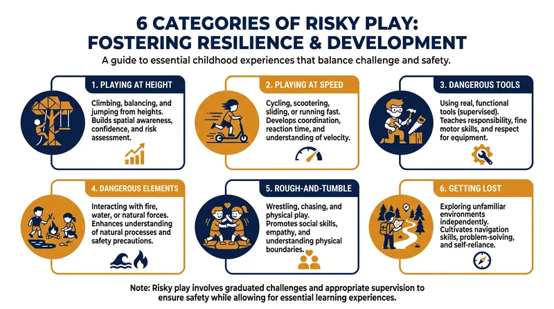 The six domains of risky play that help children build resilience and spatial awareness.