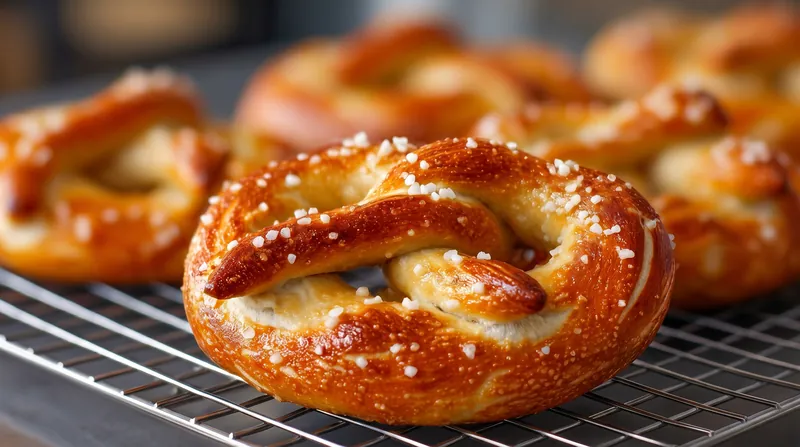 The dark, glossy crust of a traditional pretzel is achieved by dipping the dough in an alkaline lye solution, which accelerates the Maillard reaction.