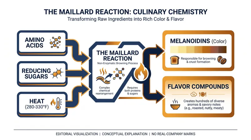 The basic mechanism of the Maillard reaction requires proteins, sugars, and high heat.