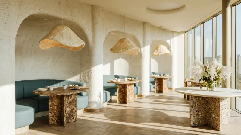 Circular design extends to the dining room, featuring upcycled furniture and mycelium-grown decor.
