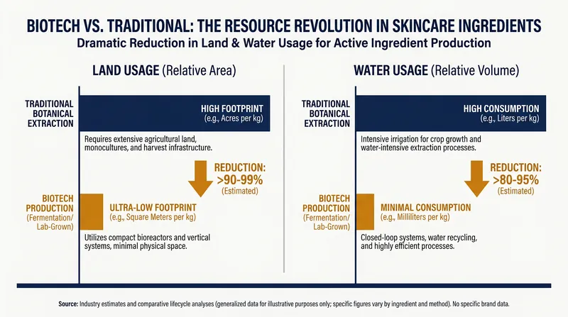 Lab-grown ingredients require a fraction of the land and water compared to traditional botanical farming.