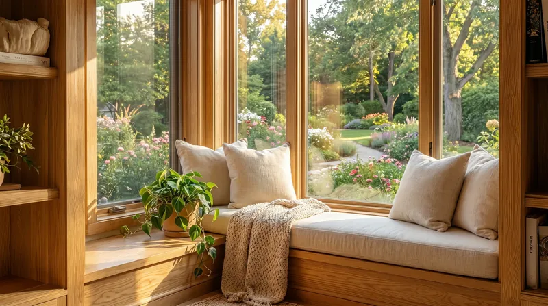 A window seat perfectly balances 'refuge' (a protected enclosure) with 'prospect' (an open view).