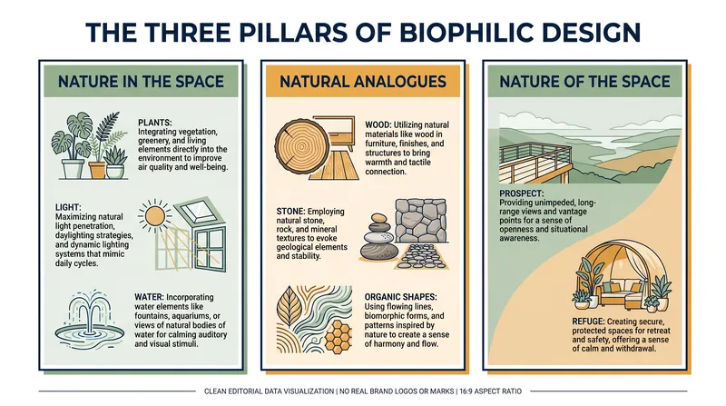 The 14 patterns of biophilic design are grouped into three main categories that target different sensory responses.