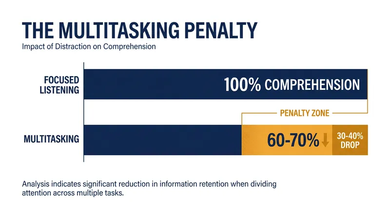 While audiobooks allow for multitasking, divided attention significantly reduces comprehension and retention.