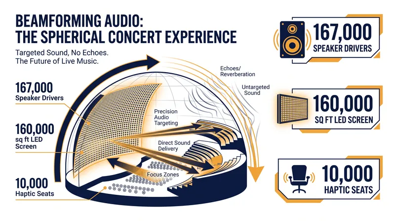 Beamforming technology allows engineers to steer sound directly to individual seats, eliminating the echoes that plague traditional domes.