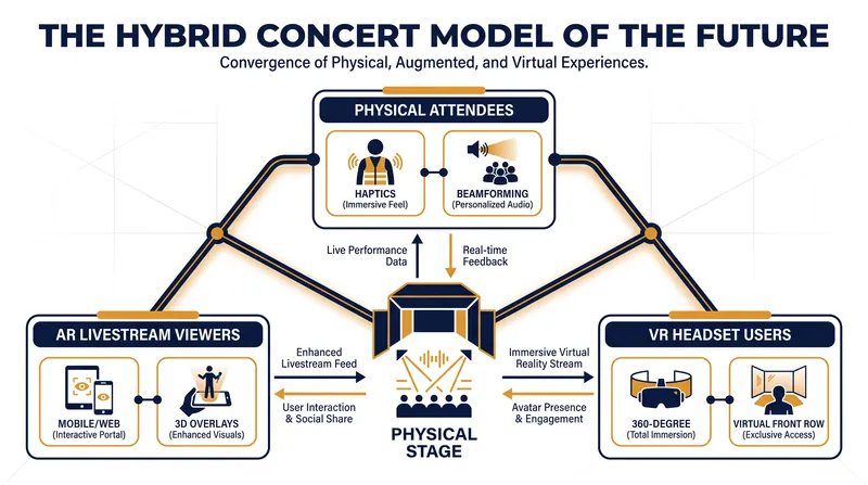 The hybrid concert model untethers live music from venue capacity, allowing remote fans to experience the show in 3D.