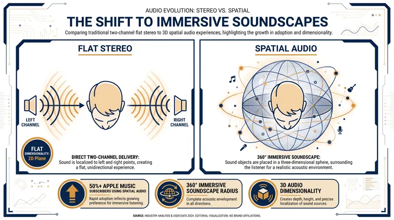 How spatial audio places sound objects in a 3D environment compared to traditional stereo.