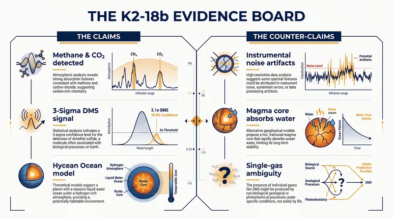 The scientific debate over K2-18b pits atmospheric spectral hints against physical planetary models.
