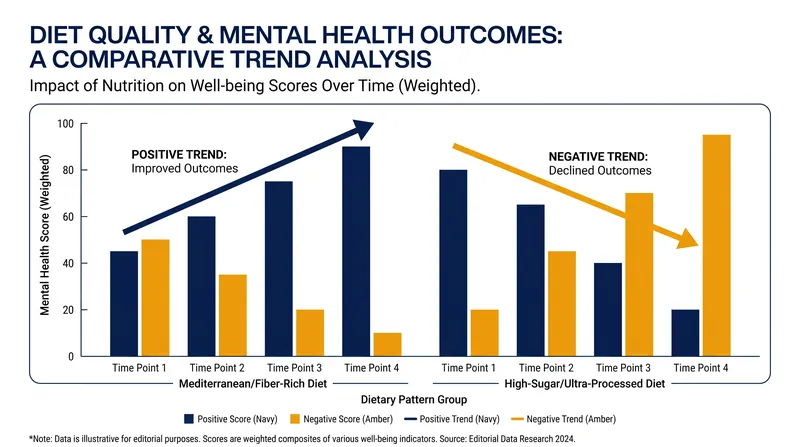 Clinical evidence consistently links high-fiber, microbiome-friendly diets to improved mental health outcomes.