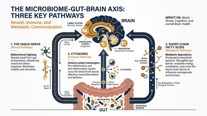 Gut bacteria communicate with the brain through neural, immunological, and metabolic pathways.