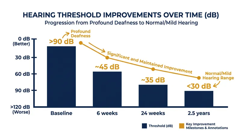 Clinical trial data demonstrates that hearing improvements plateau rapidly and remain stable for years.