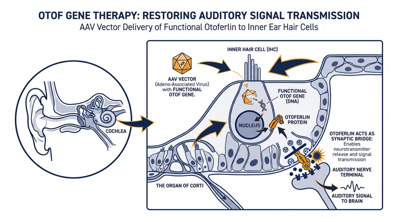 How AAV vectors deliver functional OTOF genes to restore the ear-to-brain connection.
