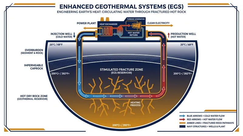 How Enhanced Geothermal Systems (EGS) create artificial heat exchangers deep underground.