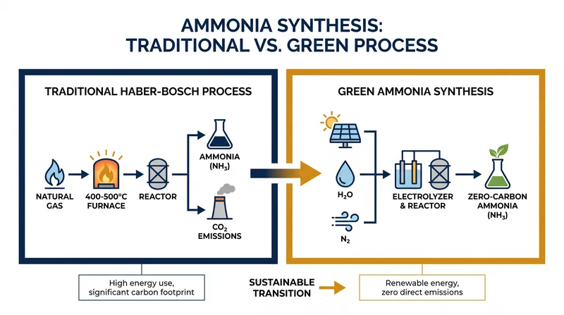 Green ammonia synthesis replaces fossil fuels and extreme heat with renewable electricity and novel catalysts.