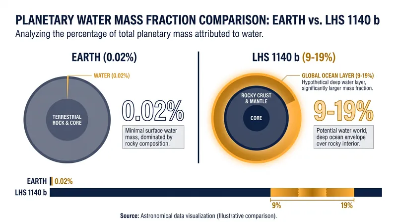 LHS 1140 b holds exponentially more water by mass than Earth, pointing to a deep global ocean.