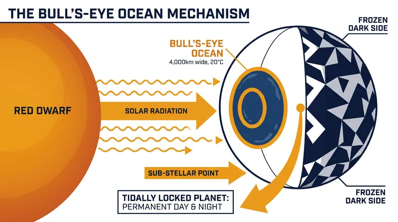 How tidal locking and a greenhouse atmosphere combine to create a stable, temperate ocean at the sub-stellar point.