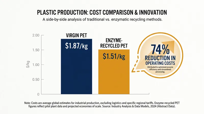 Process innovations have driven the modeled cost of enzyme-recycled PET below the cost of producing new plastic from fossil fuels.