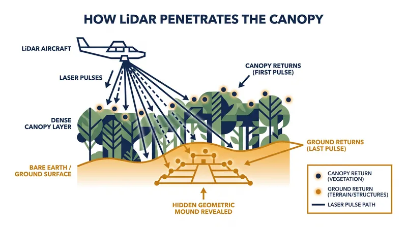 By filtering out the laser pulses that hit vegetation, LiDAR generates a high-resolution 3D map of the bare forest floor.