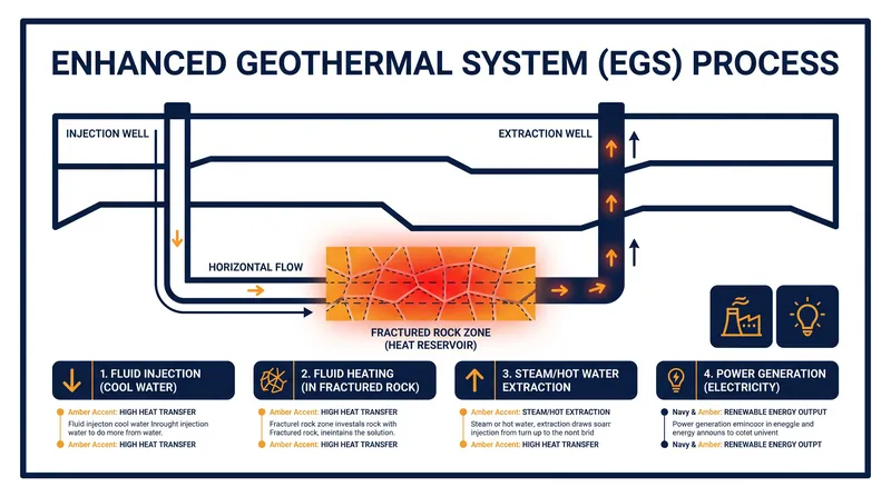 How EGS works: Cold fluid is injected into engineered fractures in hot rock, absorbing heat before being extracted to generate power.