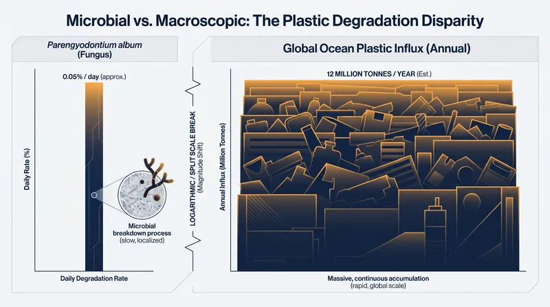 While the biological degradation rate is a scientific breakthrough, it remains vastly outpaced by global plastic pollution.