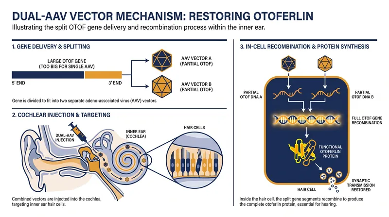 Because the OTOF gene is too large for a single virus, the therapy uses a dual-vector system that recombines inside the ear.