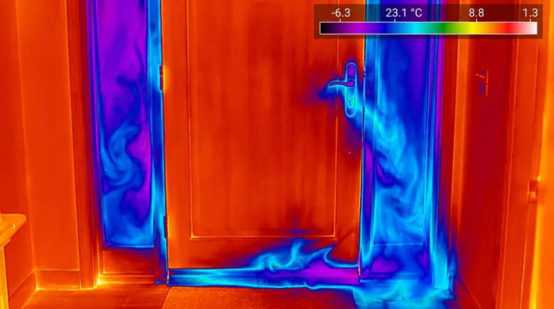 Thermal cameras reveal the invisible cold air leaking into a home around unsealed doors and windows.