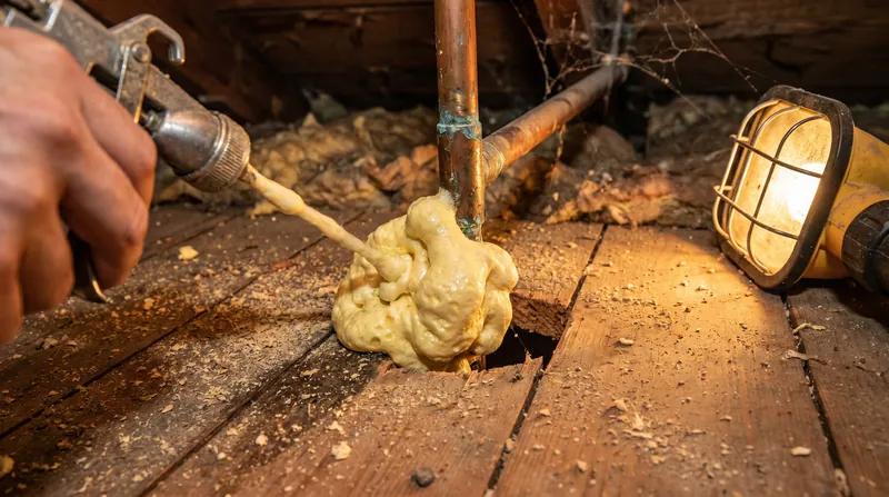 Expanding spray foam is the ideal material for sealing large, irregular gaps around plumbing and electrical penetrations.