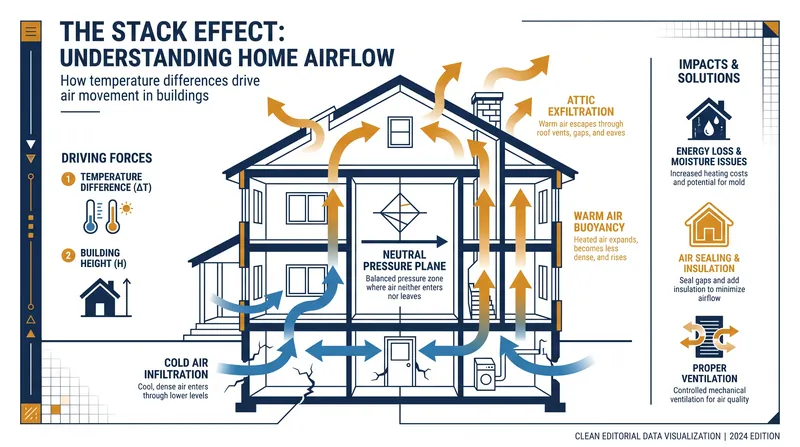 The stack effect draws cold air in through the basement to replace the warm air escaping through the attic.
