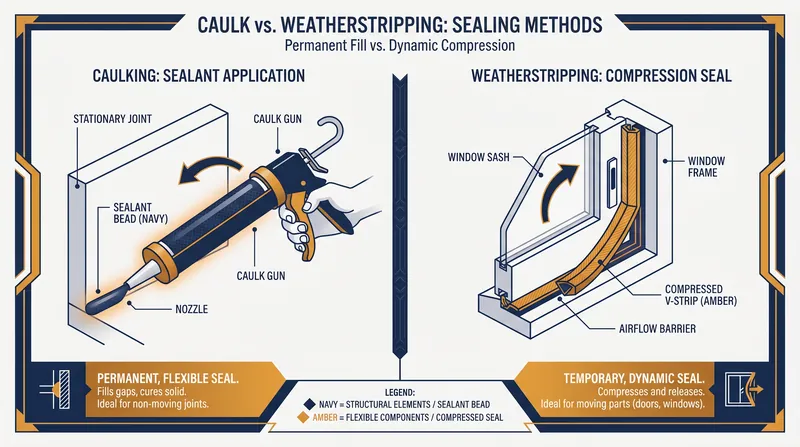 Caulk is used for stationary gaps, while weatherstripping is designed to seal moving components.