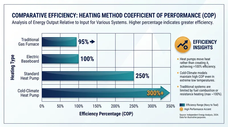 Because they move heat rather than generate it, heat pumps can achieve effective efficiency ratings of 300 percent or more.