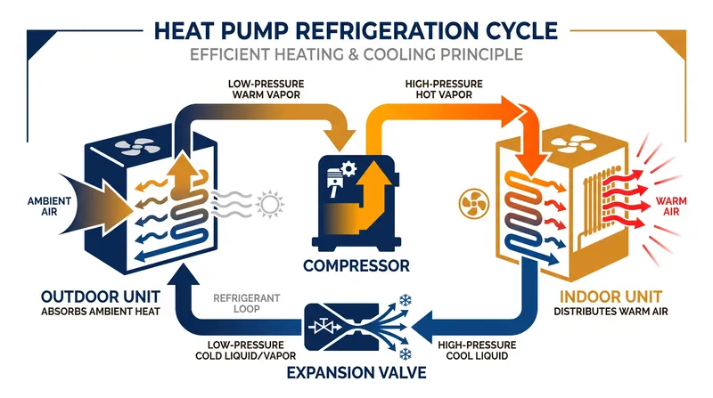 Instead of burning fuel to create heat, heat pumps use a refrigerant cycle to absorb ambient outdoor energy and move it indoors.