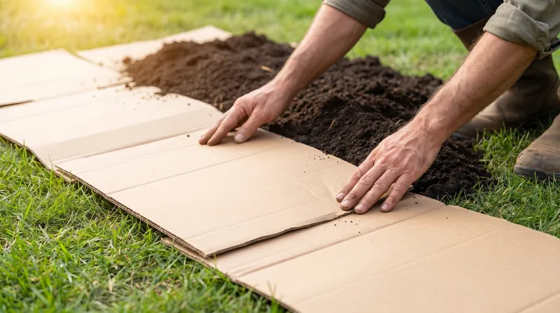 Cardboard is used to smother existing grass and weeds when establishing a new no-dig bed.