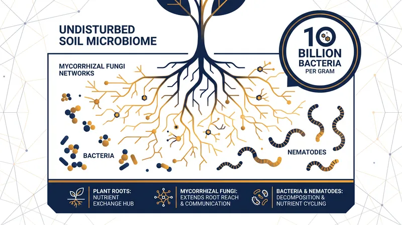 Undisturbed soil allows complex networks of fungi and bacteria to form symbiotic relationships with plant roots.
