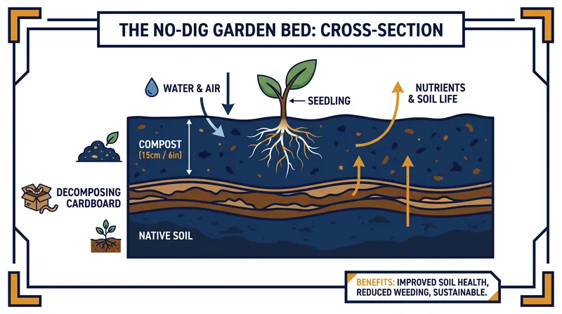 A new no-dig bed is built upward, allowing plants to root into the compost while the cardboard breaks down.