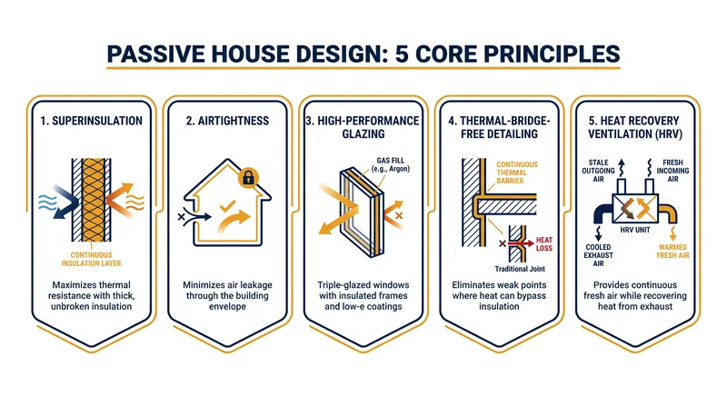 The five interlocking principles required to achieve Passive House certification.
