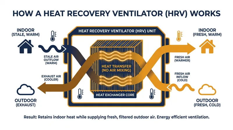 A Heat Recovery Ventilator (HRV) acts as the lungs of the house, providing fresh air while retaining indoor heat.
