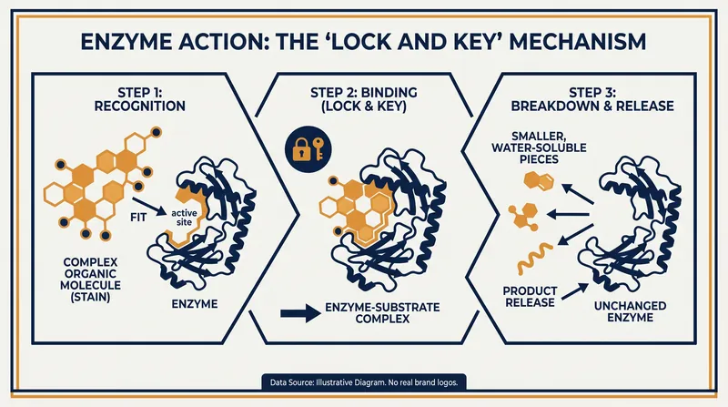Enzymes operate on a lock-and-key mechanism, targeting specific molecular bonds to dismantle organic matter.