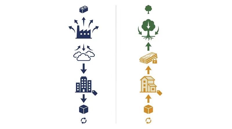 Unlike concrete and steel, mass timber acts as a carbon sink, storing CO₂ absorbed by the tree during its lifetime.