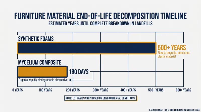 Unlike synthetic foams that persist for centuries, mycelium furniture safely composts in a matter of months.