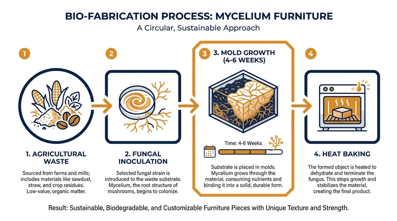 The bio-fabrication process relies on mycelium acting as a natural binder to fuse organic waste into solid forms.