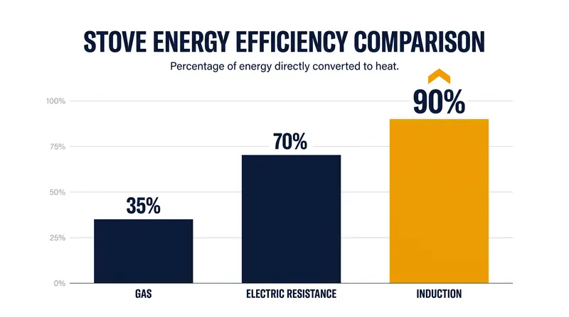 Induction is vastly more efficient than traditional methods, transferring up to 95% of its energy directly into the food.