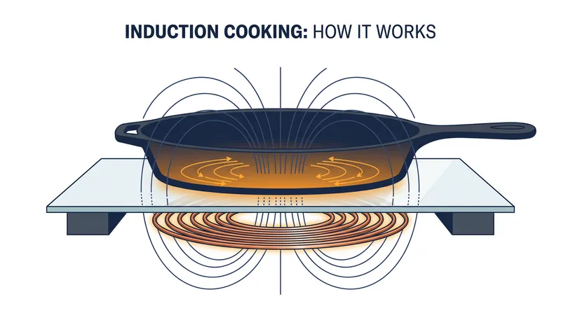 Instead of generating external heat, induction coils create a magnetic field that induces electrical currents inside the pan itself.