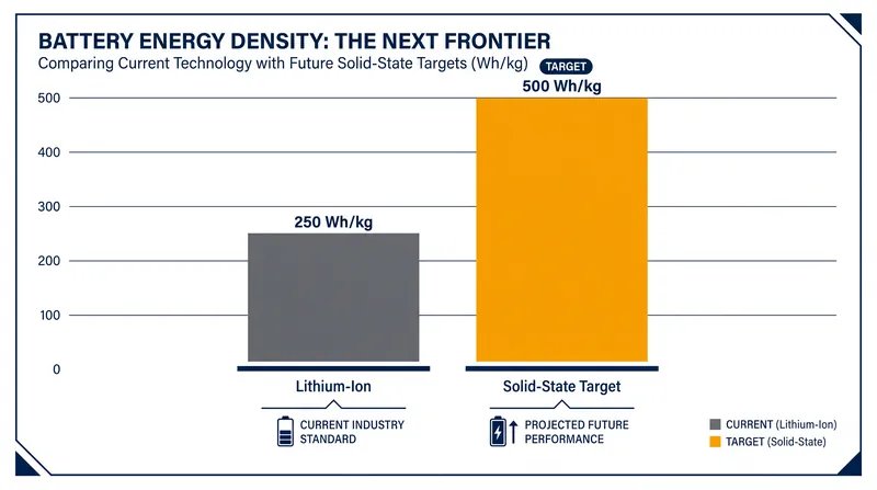 Solid-state cells allow for pure lithium-metal anodes, effectively doubling the energy density of current lithium-ion batteries.