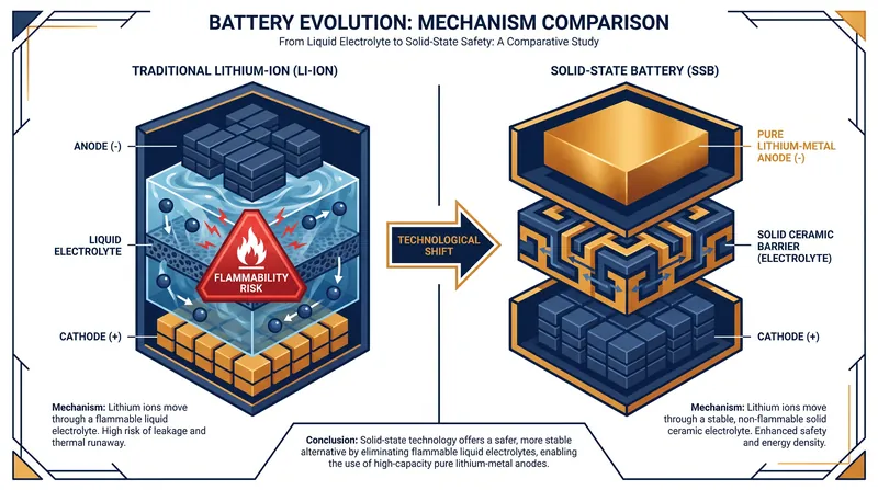 By replacing flammable liquid electrolytes with a solid conductive material, the risk of thermal runaway is eliminated.