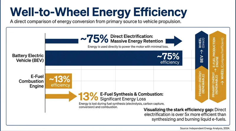 While carbon-neutral, e-fuels lose significant energy during synthesis and combustion compared to battery EVs.