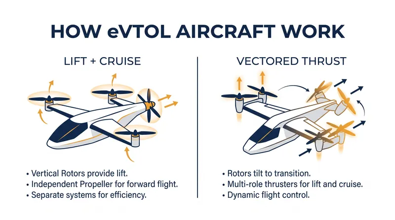 Manufacturers generally utilize two primary rotor configurations to transition from a vertical hover to horizontal flight.